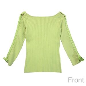 L.A.C.E. Silk Blend Ribbed Sweater S Ribbon Bow Lattice‎ 3/4 Sleeve Green Y2K